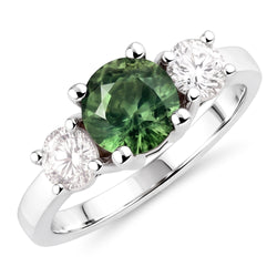 Bague de mariage à trois pierres avec diamants saphir vert 2 ct en or blanc 14k