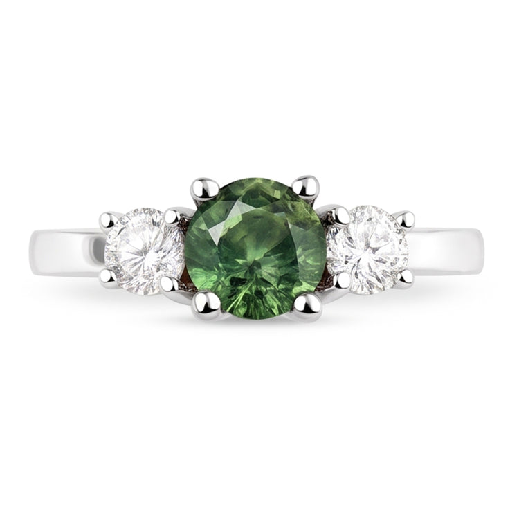Bague de mariage à trois pierres avec diamants saphir vert 2 ct en or blanc 14k