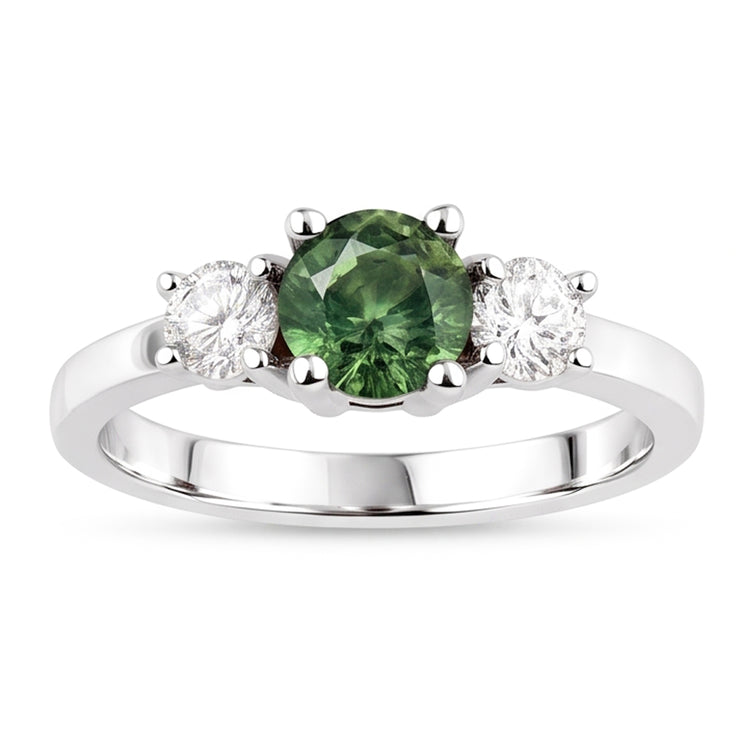 Bague de mariage à trois pierres avec diamants saphir vert 2 ct en or blanc 14k