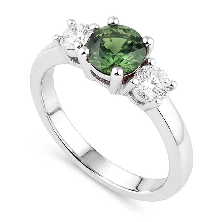 Bague de mariage à trois pierres avec diamants saphir vert 2 ct en or blanc 14k