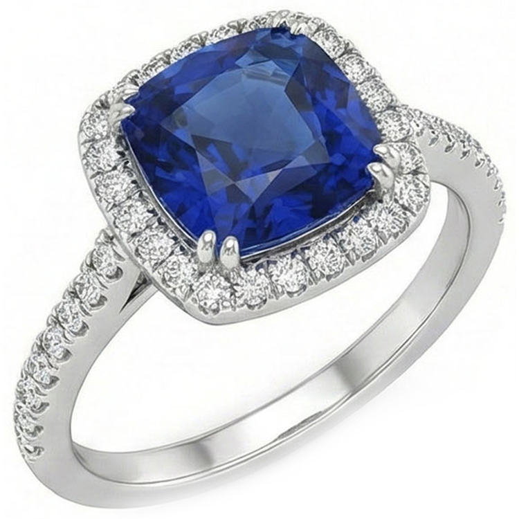 Bague de mariage avec halo de diamants et saphirs taille coussin bleus en or 3.5 ct 14 carats