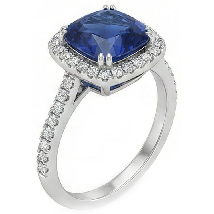 Bague de mariage avec halo de diamants et saphirs taille coussin bleus en or 3.5 ct 14 carats