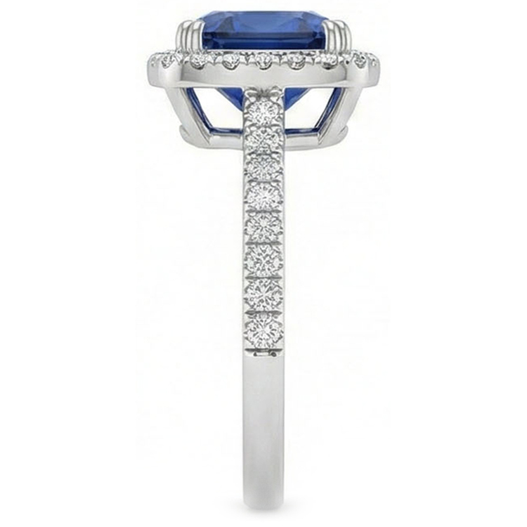 Bague de mariage avec halo de diamants et saphirs taille coussin bleus en or 3.5 ct 14 carats