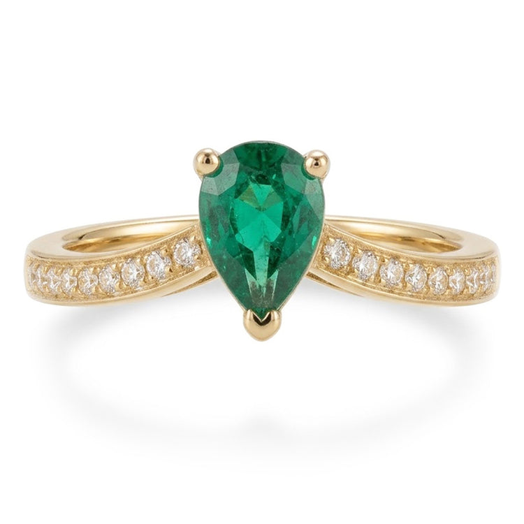 Bague de mariage diamant émeraude verte taille poire 3.4 ct or jaune 14K