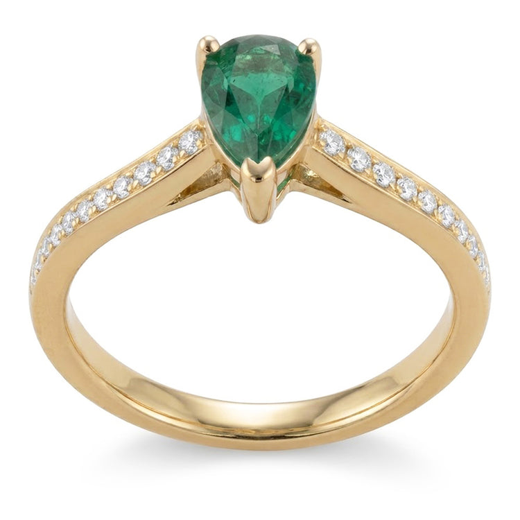 Bague de mariage diamant émeraude verte taille poire 3.4 ct or jaune 14K