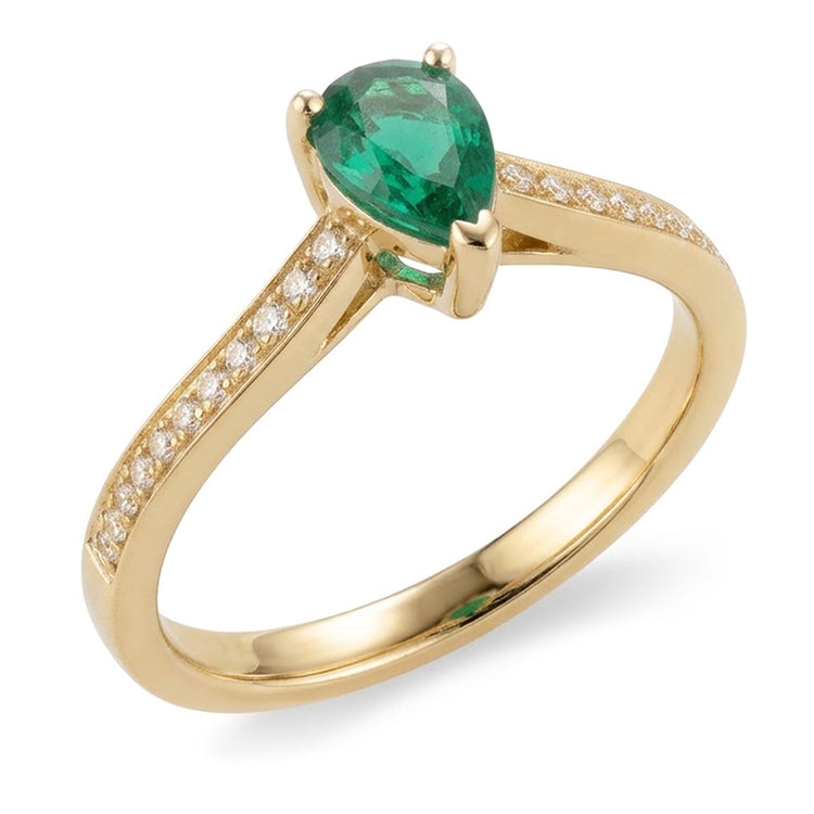 Bague de mariage diamant émeraude verte taille poire 3.4 ct or jaune 14K
