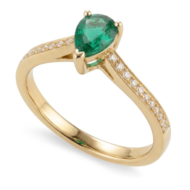 Bague de mariage diamant émeraude verte taille poire 3.4 ct or jaune 14K