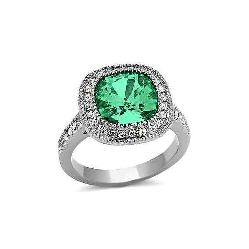 Bague de mariage diamant et émeraude Vert taille coussin en or blanc 14K 6,5 ct