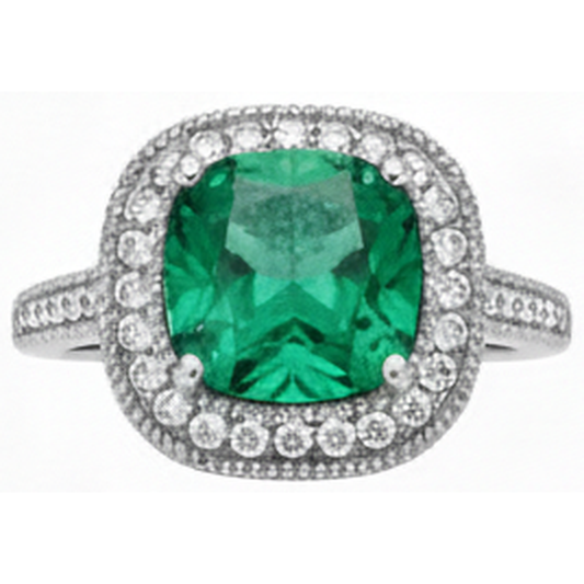 Bague de mariage diamant et émeraude Vert taille coussin en or blanc 14K 6,5 ct