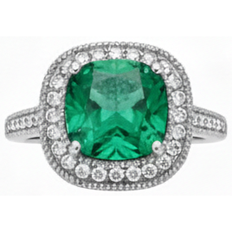 Bague de mariage diamant et émeraude Vert taille coussin en or blanc 14K 6,5 ct