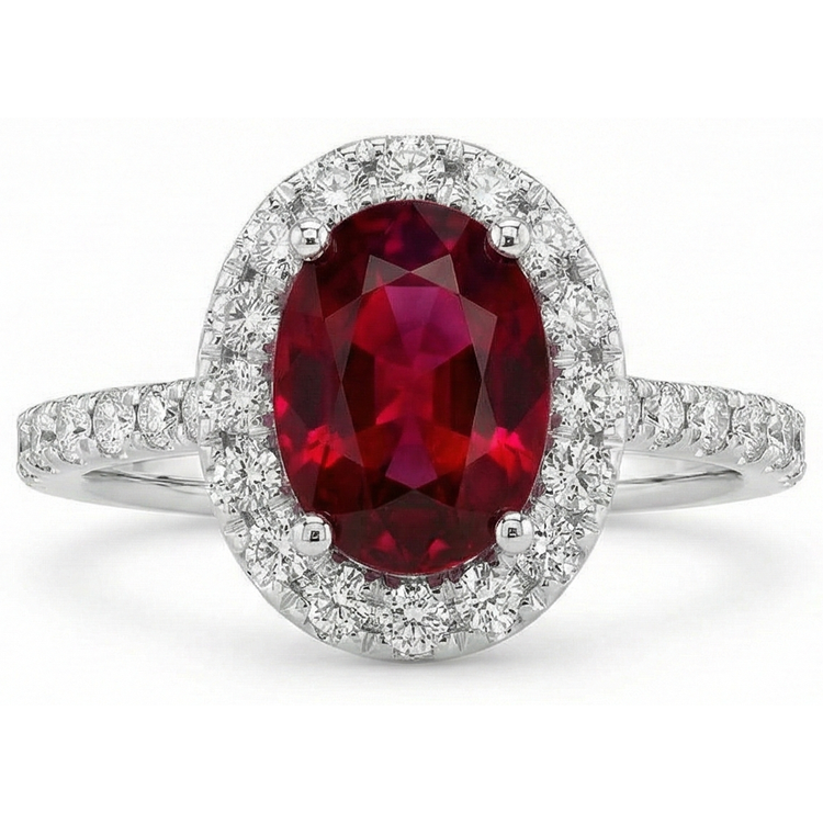 Bague de mariage diamant rubis et halo or blanc 14K 4.55 Ct
