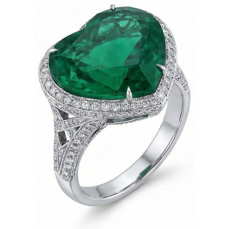Bague de mariage émeraude Vert et diamants taille coeur 9 carats en or blanc 14K