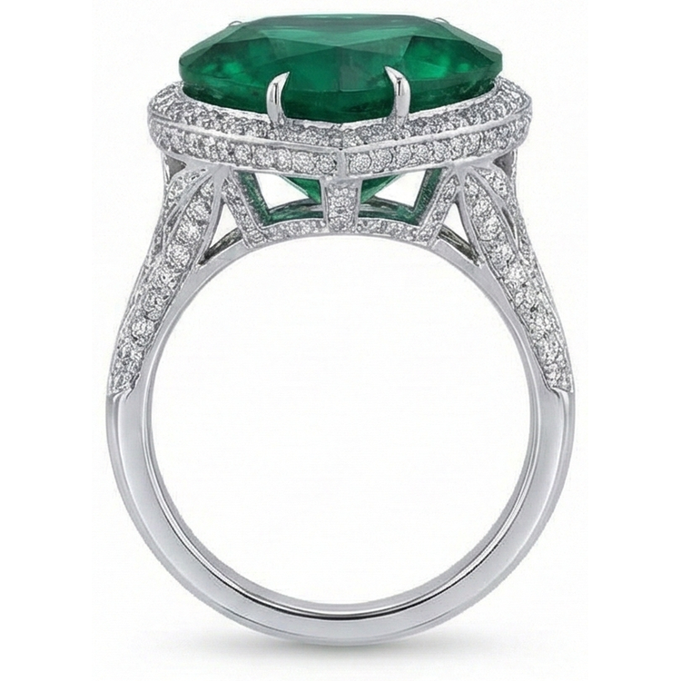 Bague de mariage émeraude Vert et diamants taille coeur 9 carats en or blanc 14K