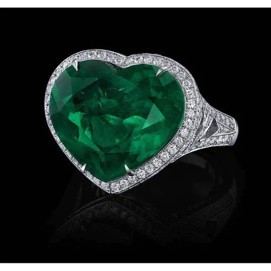 Bague de mariage émeraude Vert et diamants taille coeur 9 carats en or blanc 14K