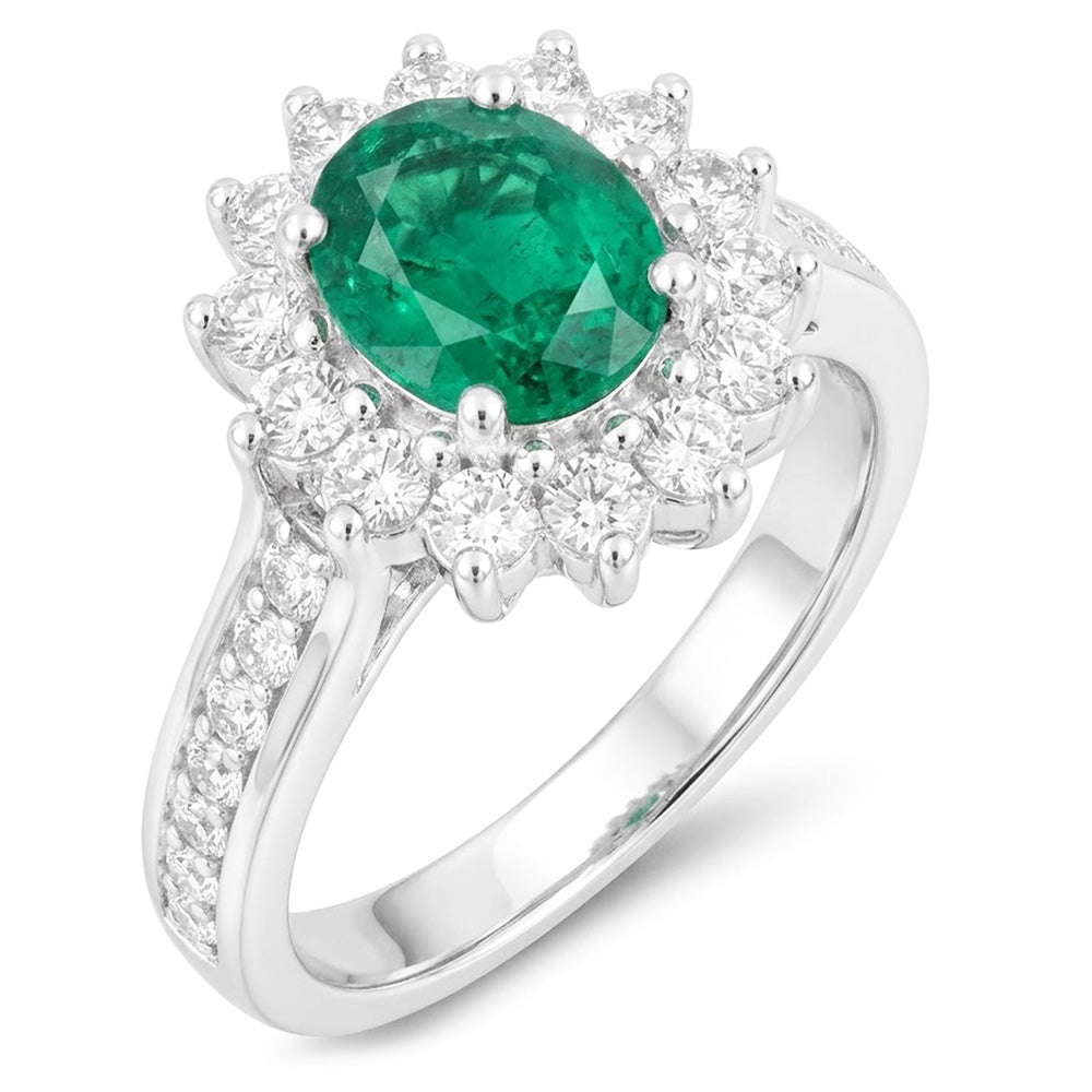 Bague de mariage émeraude Vert et diamants taille ovale 4.75 carats or blanc 14K