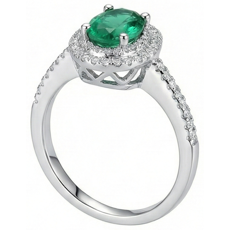 Bague de mariage émeraude Vert et diamants taille ovale verte 2.5 ct en or blanc 14K