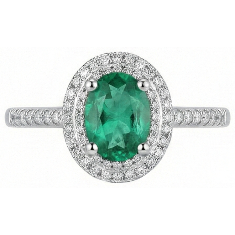 Bague de mariage émeraude Vert et diamants taille ovale verte 2.5 ct en or blanc 14K