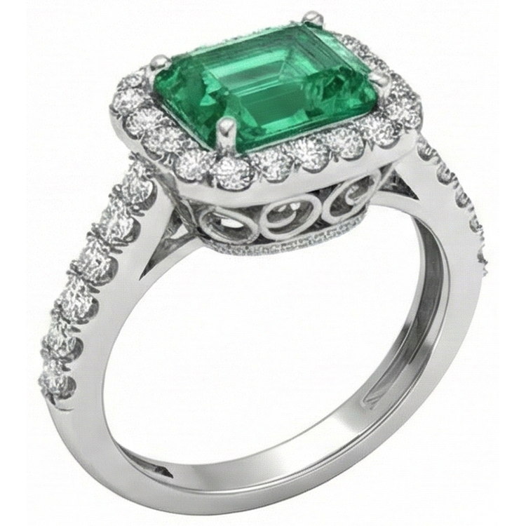 Bague de mariage émeraude verte 24 carats et diamants bijoux en or blanc