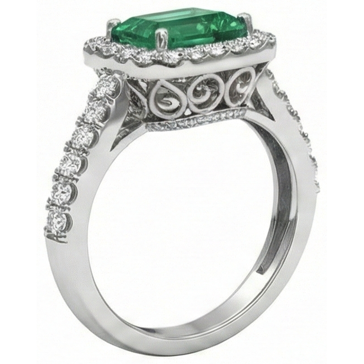 Bague de mariage émeraude verte 24 carats et diamants bijoux en or blanc