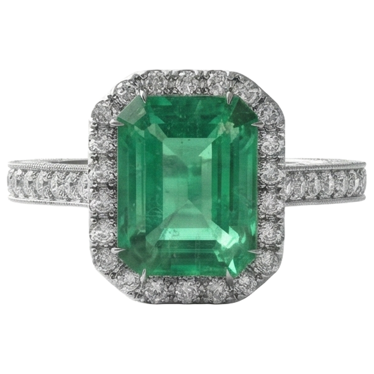 Bague de mariage émeraude verte et diamants bijoux en or blanc 21.50 ct