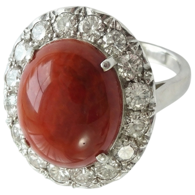 Bague de mariage en corail rouge et diamants Coupe Ronde de 11.25 ct en or 14 carats