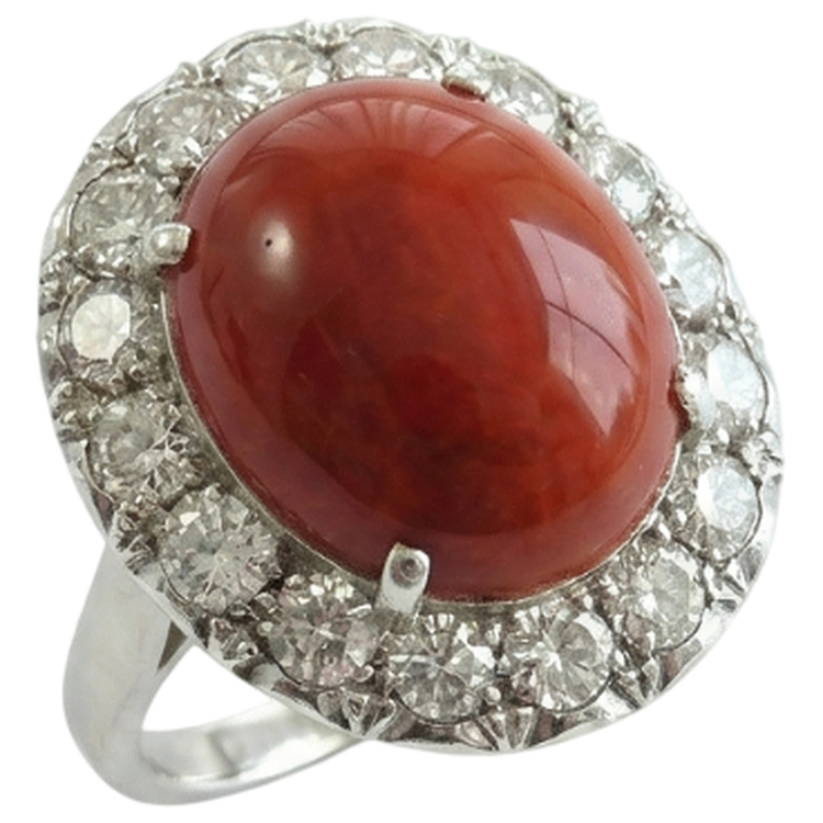 Bague de mariage en corail rouge et diamants Coupe Ronde de 11.25 ct en or 14 carats