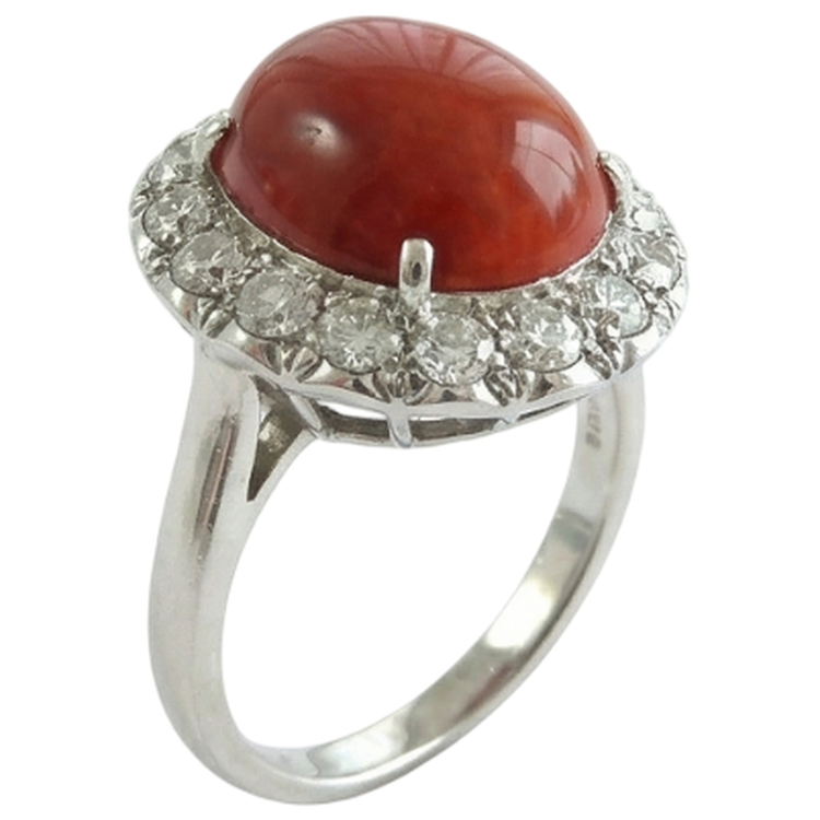 Bague de mariage en corail rouge et diamants Coupe Ronde de 11.25 ct en or 14 carats