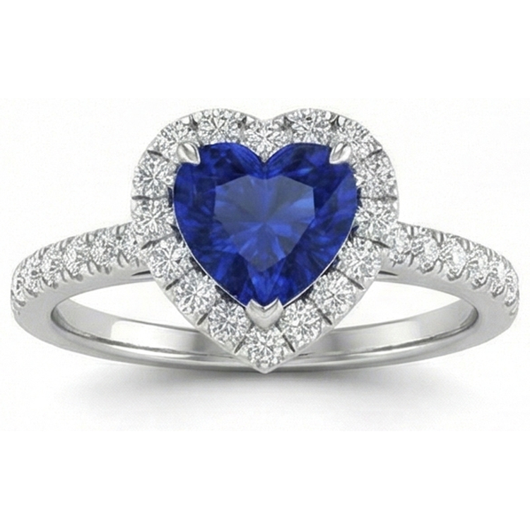 Bague de mariage en forme de coeur avec diamants et saphir de Ceylan en or 3.90 ct 14K