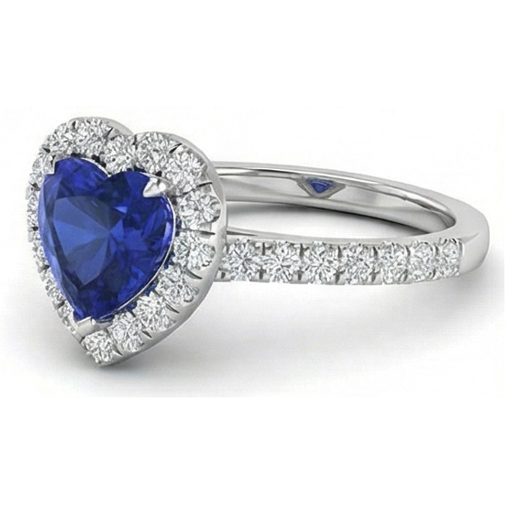 Bague de mariage en forme de coeur avec diamants et saphir de Ceylan en or 3.90 ct 14K