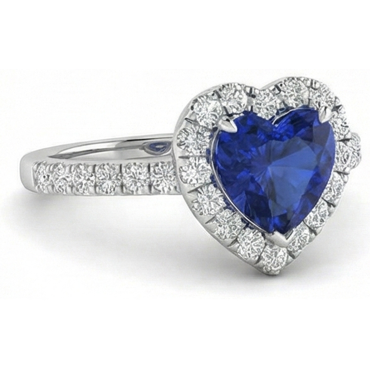 Bague de mariage en forme de coeur avec diamants et saphir de Ceylan en or 3.90 ct 14K