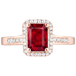 Bague de mariage en or rose 14K avec rubis rouge et diamants taille émeraude 5 ct