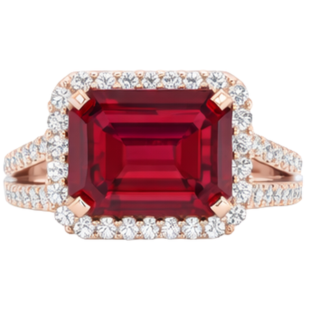 Bague de mariage en rubis rouge taille émeraude 13 carats avec diamants en or rose 14 carats