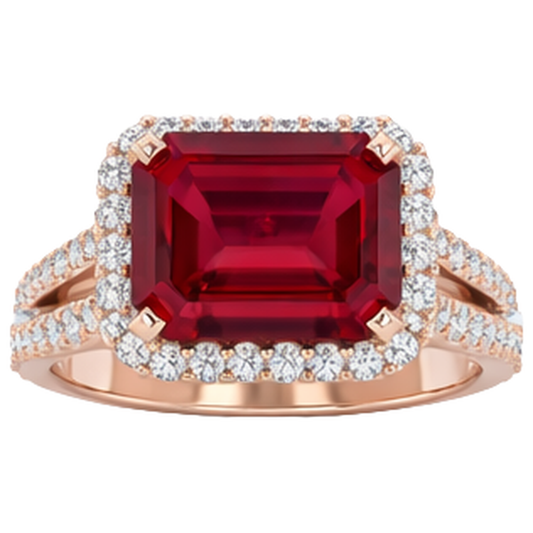 Bague de mariage en rubis rouge taille émeraude 13 carats avec diamants en or rose 14 carats