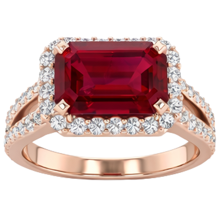 Bague de mariage en rubis rouge taille émeraude 13 carats avec diamants en or rose 14 carats