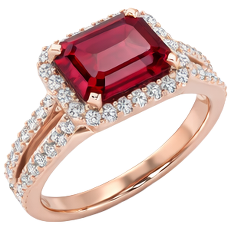 Bague de mariage en rubis rouge taille émeraude 13 carats avec diamants en or rose 14 carats