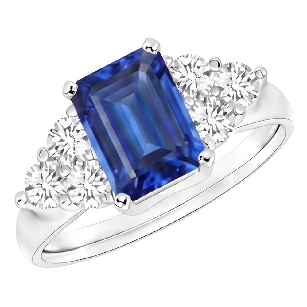 Bague de mariage en saphir bleu de Ceylan taille émeraude de 4 carats et diamants ronds