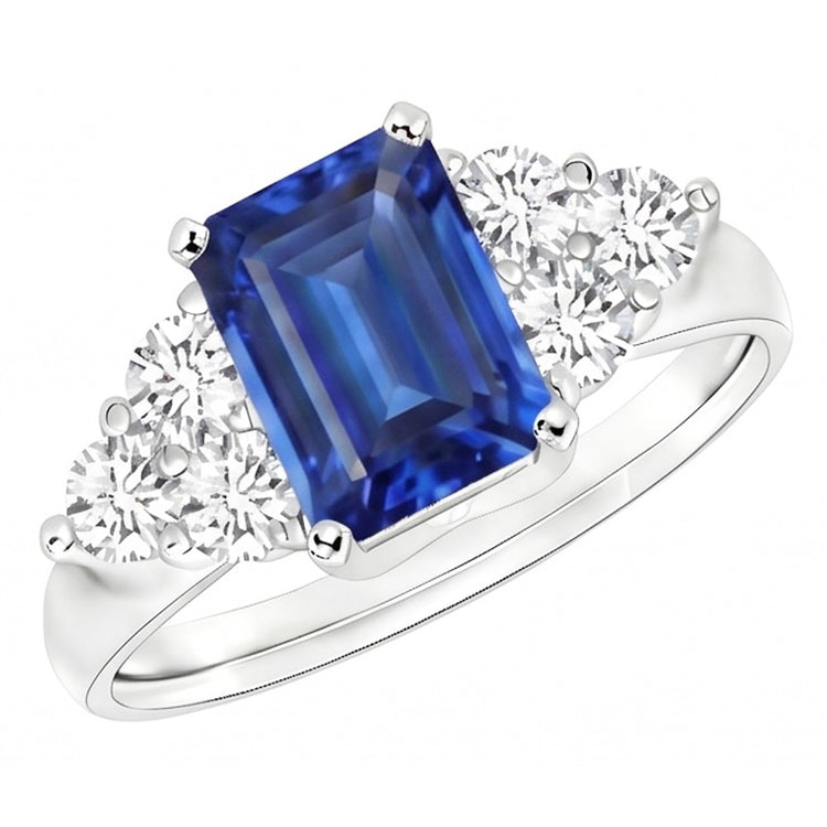 Bague de mariage en saphir bleu de Ceylan taille émeraude de 4 carats et diamants ronds