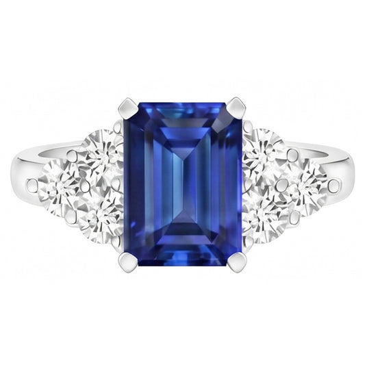 Bague de mariage en saphir bleu de Ceylan taille émeraude de 4 carats et diamants ronds