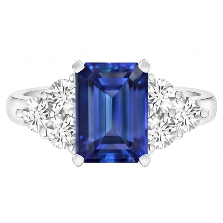 Bague de mariage en saphir bleu de Ceylan taille émeraude de 4 carats et diamants ronds