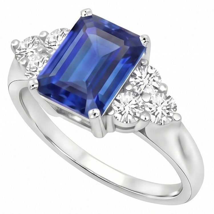 Bague de mariage en saphir bleu de Ceylan taille émeraude de 4 carats et diamants ronds