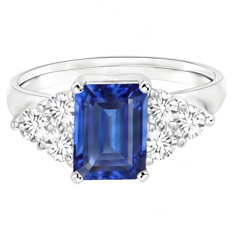 Bague de mariage en saphir bleu de Ceylan taille émeraude de 4 carats et diamants ronds