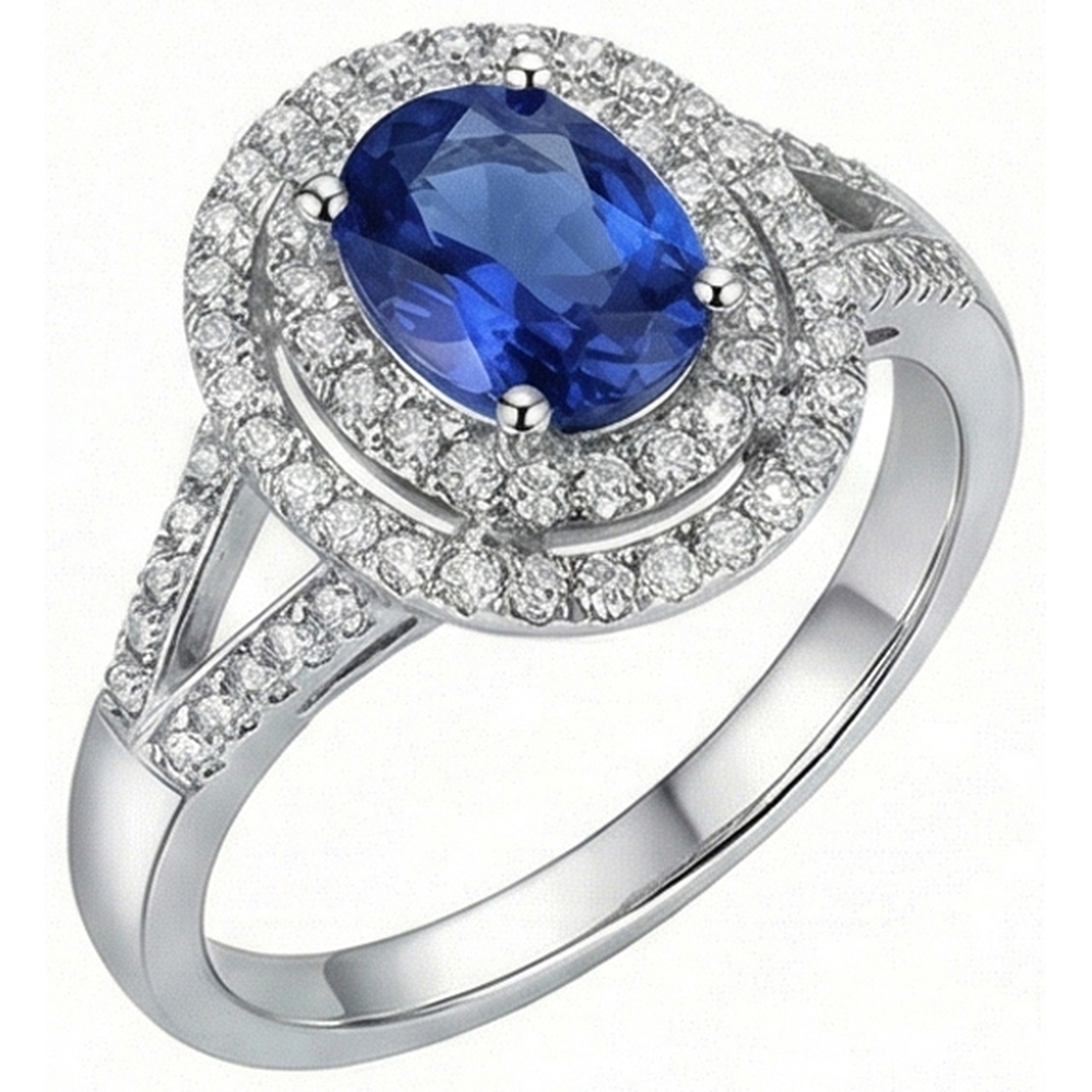 Bague de mariage en saphir ovale bleu de 2.45 ct avec diamants en or blanc 14K