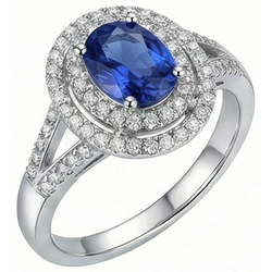 Bague de mariage en saphir ovale bleu de 2.45 ct avec diamants en or blanc 14K