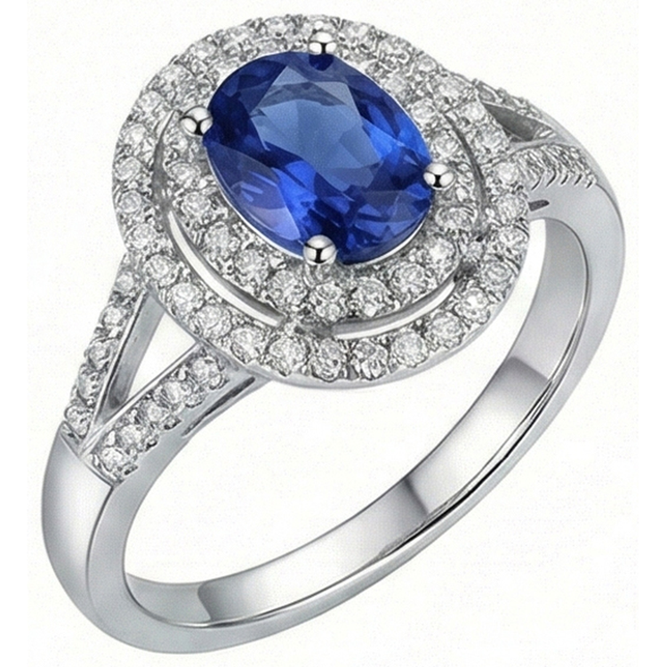 Bague de mariage en saphir ovale bleu de 2.45 ct avec diamants en or blanc 14K