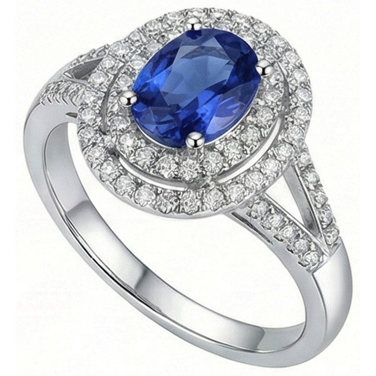 Bague de mariage en saphir ovale bleu de 2.45 ct avec diamants en or blanc 14K
