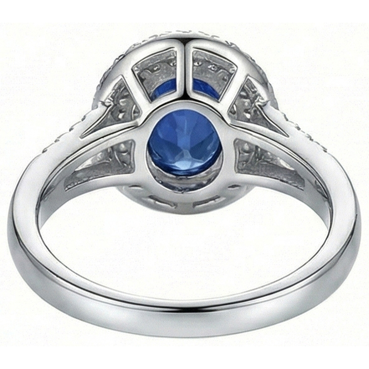 Bague de mariage en saphir ovale bleu de 2.45 ct avec diamants en or blanc 14K