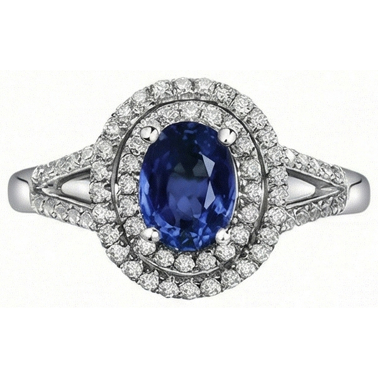 Bague de mariage en saphir ovale bleu de 2.45 ct avec diamants en or blanc 14K