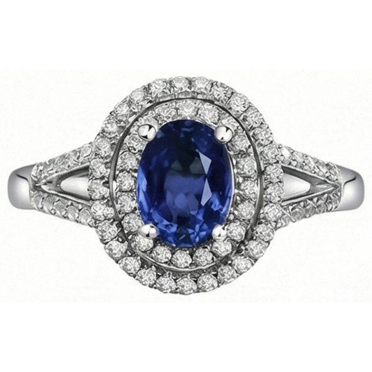 Bague de mariage en saphir ovale bleu de 2.45 ct avec diamants en or blanc 14K