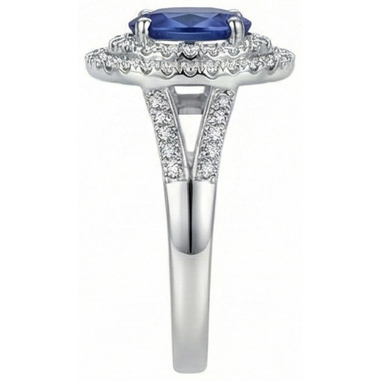 Bague de mariage en saphir ovale bleu de 2.45 ct avec diamants en or blanc 14K