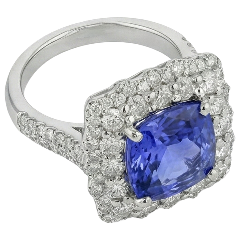naturel cushion tanzanite 9.75carats bague détail rapproché